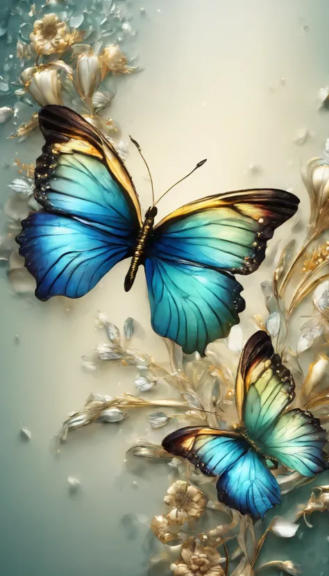 The background is greenblue,moon light,All expressed with jewels, the arrival of spring, various beautiful flower
, Beautiful yellow swallowtail butterfly,angles looking up from below, various jewels falling from the sky, wonderful and beautiful superb vie...