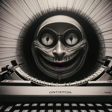 an evil anime  with a sinister grin, on a typewriter, art by gustave dore, by h.r. giger, by junji ito 