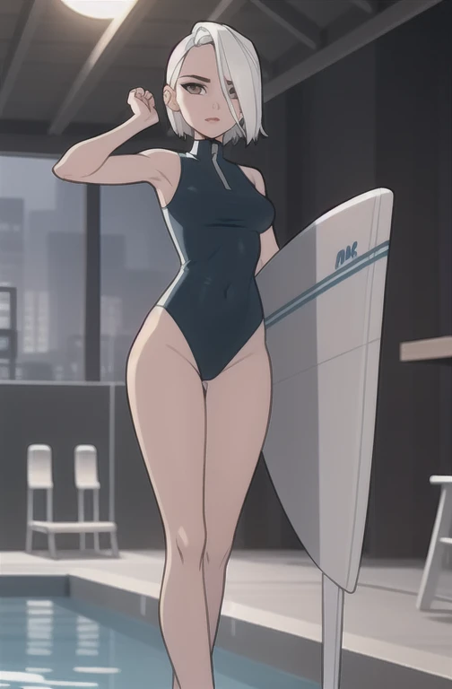 (dark theme:0.6), glucose as a lifesaver, 1 Girl, mature face, One, short hair, in a black sleeveless one-piece swimsuit,  sexuality, Sexy long legs, High growth, costs, Sun, wound, beach, pool, surfboard 1.2), White hair, pomade, decrease,  I look at the ...