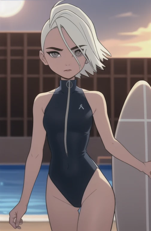 (dark theme:0.6), glucose as a lifesaver, 1 Girl, mature face, One, short hair, in a black sleeveless one-piece swimsuit,  sexuality, Sexy long legs, High growth, costs, Sun, wound, beach, pool, surfboard 1.2), White hair, pomade, decrease,  I look at the ...