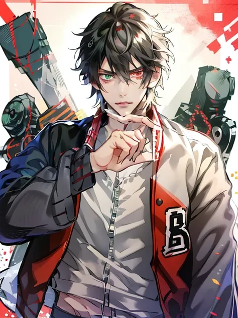 yamada ichiro\(hypnosis microphone\),(best quality)), buster bros, male focus,red eyes, bangs, black hair, heterochromia, green ...