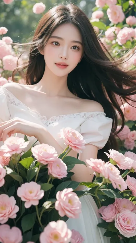 Close-up of a beautiful girl with a round face and a truly lovely innocent smile. Surrounding the beautiful girl are giant flowers, blooming flowers, cold blooming flowers, advanced gray series, (1girl:1.5 ),giant flowers,from below,best quality,32k,RAW ph...