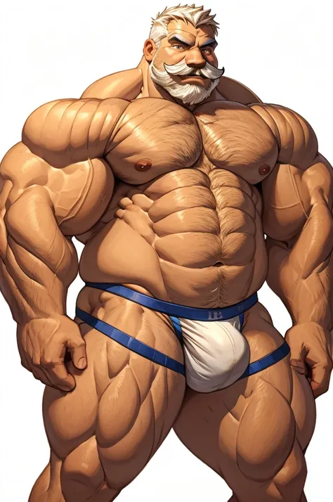 Huge muscular old man standing , thick arms, thick pectoral, thick mustache , huge bulge, jockstrap , white background 