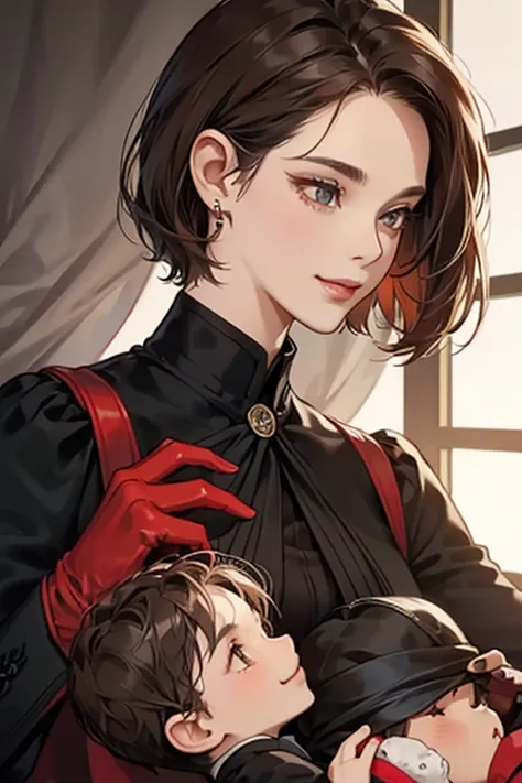 A mature woman with short brown hair, wearing a black suit and tie, red enamel gloves, and a gentle smile as she holds her child&#39;s cheek in the office