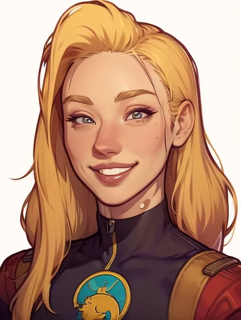 Portrait mode with a beautiful smile and charming blonde with shags in long hair beastly Cartoon style digital illustration GTA style photo portrait mode