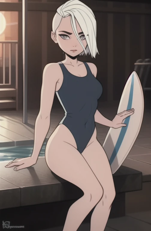 (dark theme:0.6), glucose as a lifesaver, 1 Girl, mature face, One, short hair, in a black sleeveless one-piece swimsuit,  sexuality, Sexy long legs, High growth, is sitting, Sun, wound, beach, pool, surfboard 1.2), White hair, pomade, decrease,  I look at...