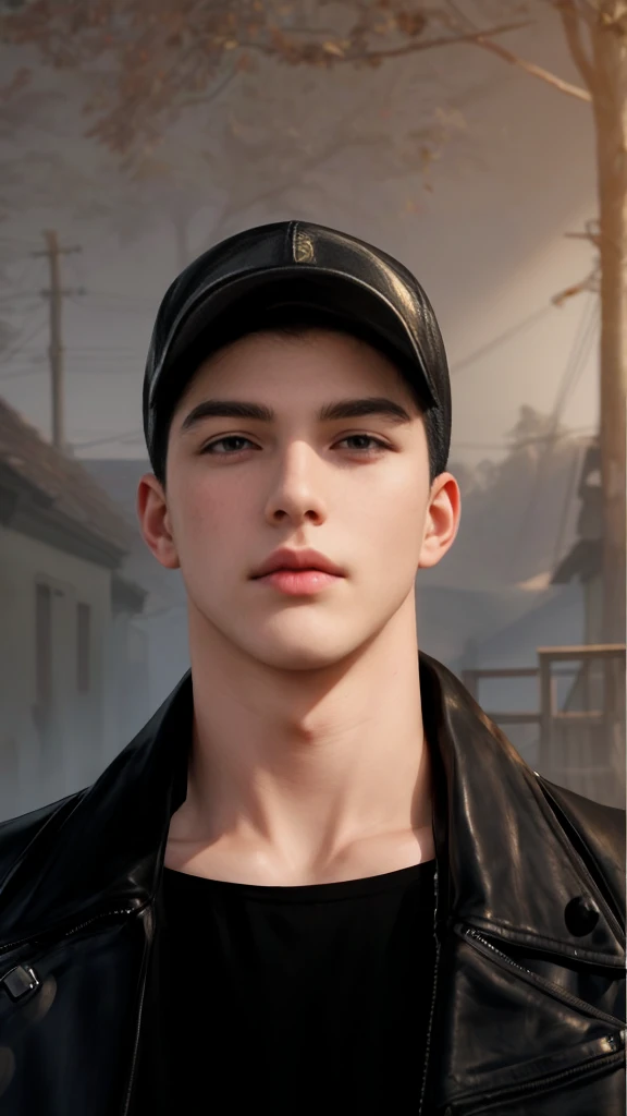 masterpiece, 1boy, young, handsome, black hair, undercut hair, hat, leather jacket, perfect face, detailed eyes and face,black eyes, clean shaved, muscular, capturing a rural atmosphere, dynamic lighting, unreal engine 5