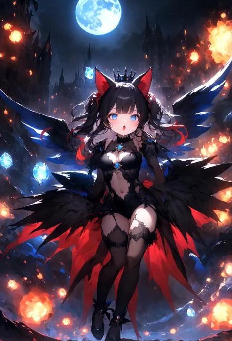 Young Girl、Marine Sailor、Sparkling blue eyes、beautiful目、Strong Eyes、Black wings、Black Crown、girl、whole body、Black Hair、Cute black cat ears、beautiful青い目、Black Crown、Black and blue vampire wings、Glare、Also々funny Face、beautiful、blue Moon、Lots of shining light...