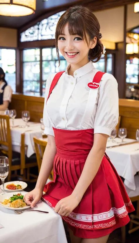 one japanese girl,huge breasts,alone,anna miller ,waitress,name tag,high waist skirt,red suspender skirt,apron,
from below,smile...