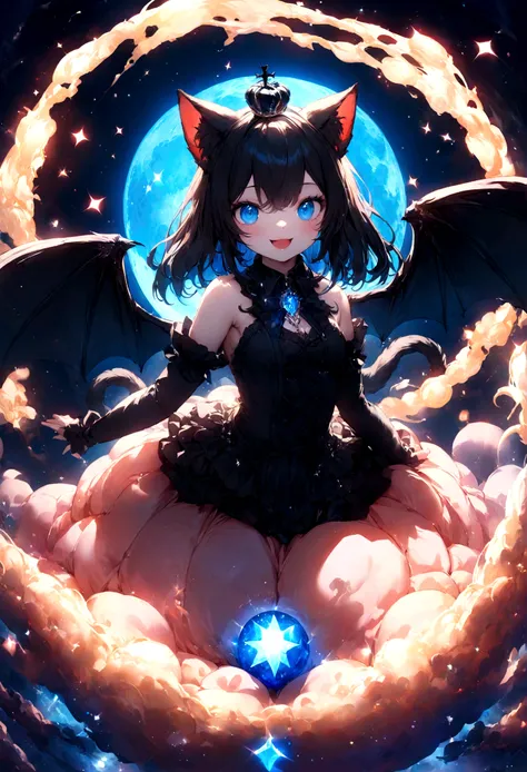 Young Girl、Cute black cat ears、Beautiful blue eyes、Black crown、Black and blue vampire wings、Bad Smile、Rin々Funny face、beautiful、blue Moon、Lots of blue light、magic、gem、Lots of sparkles、Fantasy black cat，AmbiLight，The colors are vivid and bright，Black backgro...