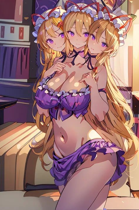 (masterpiece, best quality), best quality, (ultra-detailed), (3heads:1.5), 1girl, (yakumo yukari:1.3), masterpiece, best quality, ultra quality, ultra resolution, ultra detail, purple top, crop top, ((stomach)), midriff, ((groin)), purple skirt, frilled sk...