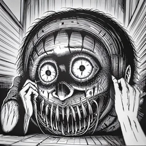 an horror writer with a sinister grin, on a typewriter, art by gustave dore, by h.r. giger, by junji ito