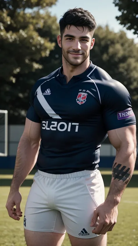 1 pale man rugby player ,Full body, smile, rugby player, sport tight pants, hard on bulge, rugby tight esportive uniform, Black hair fade , iridescent alluring large eyes, European 40yo man, (High shadow detail), wearing Calvin Klein rugby brands uniform, ...