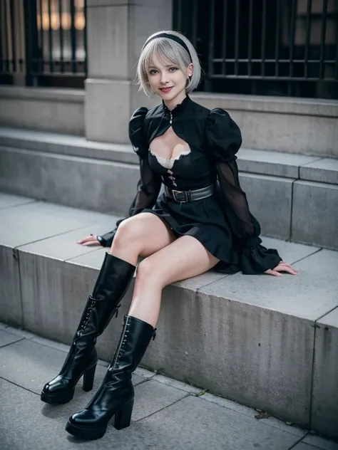 8K,Masterpiece,One woman,Dutch beauty,Ella Freya（Ella Freya),topless,White panties,Panty Shot,Smile,30 years old,Blue Eyes,White Hair,Short Bob Hair,(Gothic Lolita),Dutch beauty,Ella Freya（Ella Freya),(White panties),2b, short hair, Knee socks, gloves, Lon...