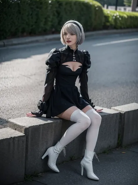 8K,Masterpiece,One woman,Dutch beauty,Ella Freya（Ella Freya),skirt lift,White panties,Smile,30 years old,Blue Eyes,White Hair,Short Bob Hair,(Gothic Lolita),Dutch beauty,Ella Freya（Ella Freya),(White panties),2b, short hair, Knee socks, gloves, Long sleeve...