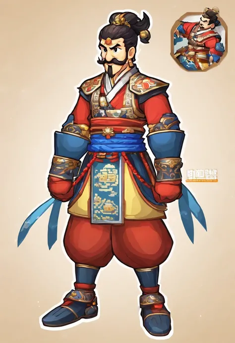 Ancient Chinese man in armor、Clever man、Looking into the camera、His hair is in a bun、Only one topknot、Black Hair、Stand and pose、Pixel art、(masterpiece, highest quality, highest quality), pixel,pixel art,whole body,Characters in Romance of the Three Kingdom...