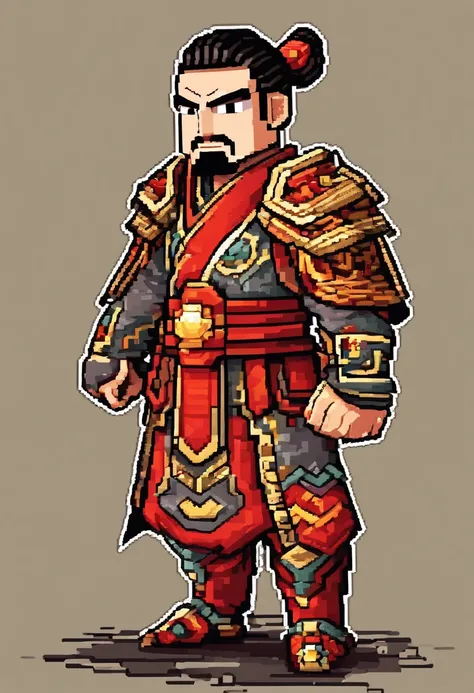 Ancient Chinese man in armor、Clever man、Looking into the camera、His hair is in a bun、Only one topknot、Black Hair、Stand and pose、Pixel art、(masterpiece, highest quality, highest quality), pixel,pixel art,whole body,Characters in Romance of the Three Kingdom...