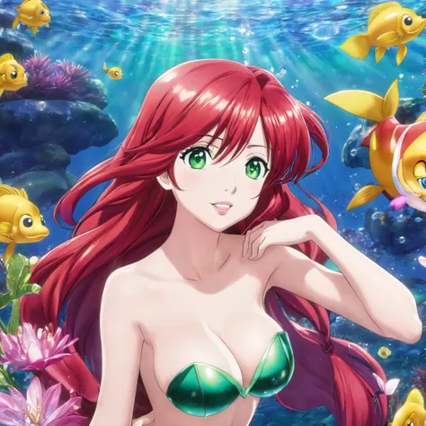 topless Ariel, the Little Mermaid with red hair and green eyes posing for a picture, haruno sakura, best anime 4k konachan wallpaper, seductive anime girl, marin kitagawa fanart, sakura petals around her, splash art anime , anime style 4 k, anime moe artst...