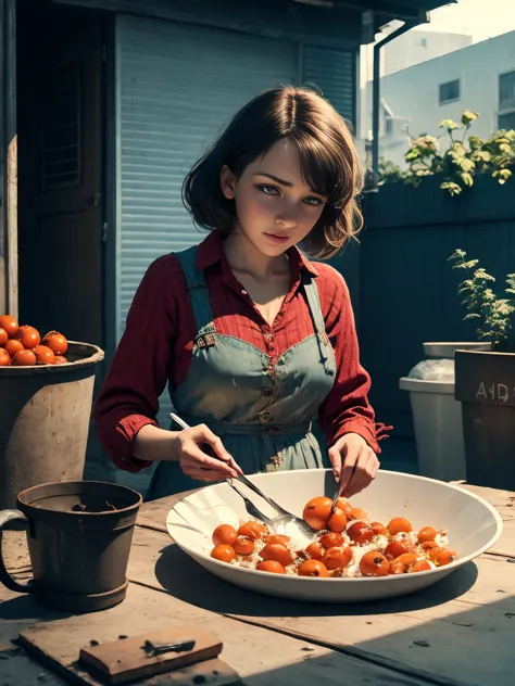 1920s，a very poor red-haired victorian domestic worker, in the backyard of a small victorian working class apartment，wearing a t...