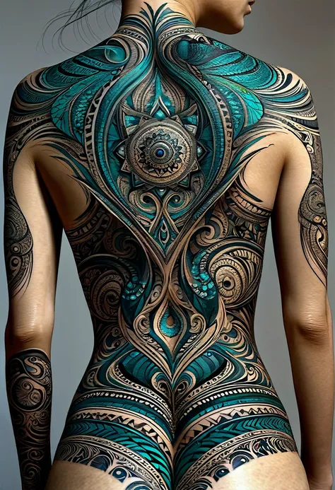 tatouage dans le dos, Very finely executed fractal tribal tattoo, fine and very precise tattoo 