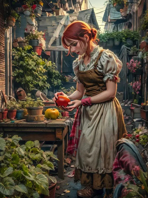 1920s，a very poor red-haired victorian domestic worker, in the backyard of a small victorian working class apartment，wearing a t...