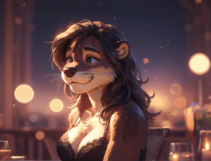 Hallucination, daydream , Bokeh , hairy fur female otter , good body shape , (Dont worry, Im wearing) , Cleavage is itchy