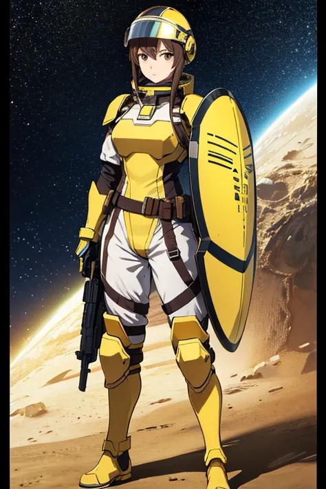 Anime drawings、Full body portrait、Space Sci-Fi Soldier、A woman around 180cm tall, around 37 years old, wearing yellow bulletproof armor and holding a large square shield in both hands.、A tense face、He wears a helmet on his head、Brown Hair、Brown eyes、Yellow...