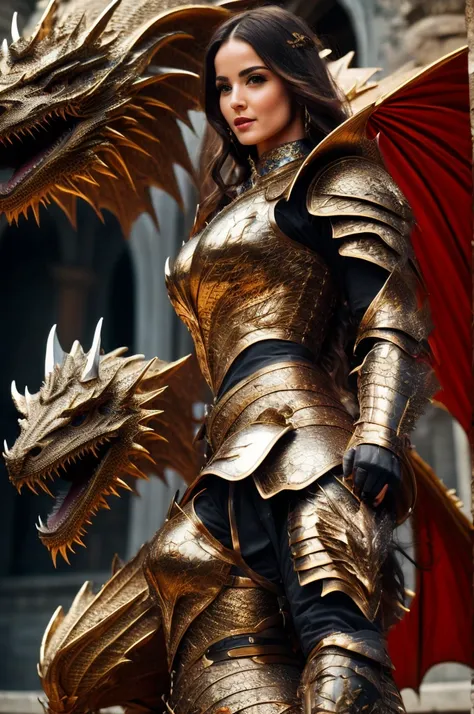 best quality, 8k, highly detailed face and skin texture, high resolution, sexy woman in armor stand with dragon in front of the ...