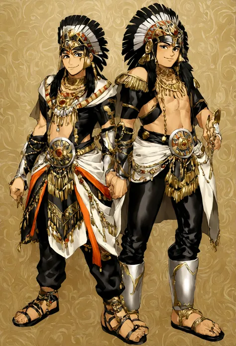 Aztec warrior manga character with rocker appearance typical costumes in black leather and gold and silver accessories high resolution pre-Hispanic appearance, happy and happy arms and legs separated from the body