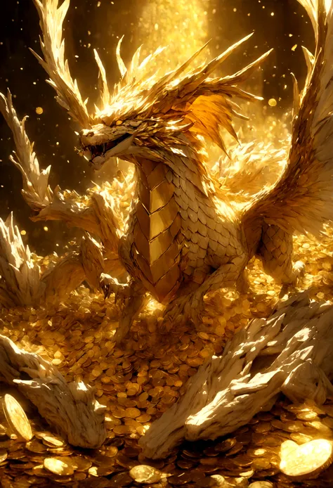 Golden Sun、A dazzling light that paints everything in gold、"Very beautiful 3D rendered white Chinese dragon，Representation of Dynamics, Sharp effects and details，Best image quality，High resolution，Variety of colors,　Coin pile, treasure"Super Detail，highest...