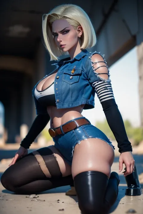 ultra realista, completamente detallado, entorno del cementerio, Super detailed, busty android18 foto policial,