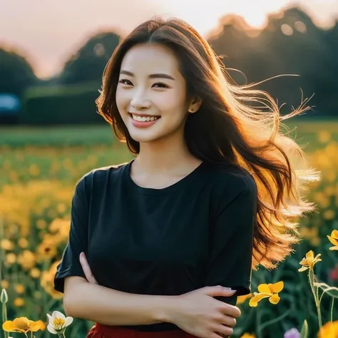 The woman wore a tight black t-shirt with a cropped waist., ponytail, in the flower field, Girl forehead in a field of flowers, girl ยืนin the flower field, Beautiful and smiling, girl ยืนin the flower field, Photo of a beautiful woman, beautiful asian gir...