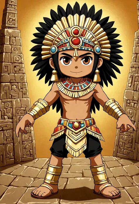 Aztec warrior manga character with rocker appearance typical costumes in black leather and gold and silver accessories high resolution pre-Hispanic appearance, happy and happy arms and legs separated from the body
