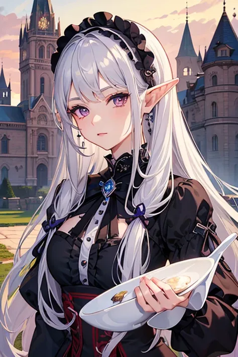 ((highest quality)), ((masterpiece)), (detailed), Perfect Face, girl, arrogant, Silver Hair, Long Hair, Purple eyes, Lolita Dress, Elf Ears, Castle in the background