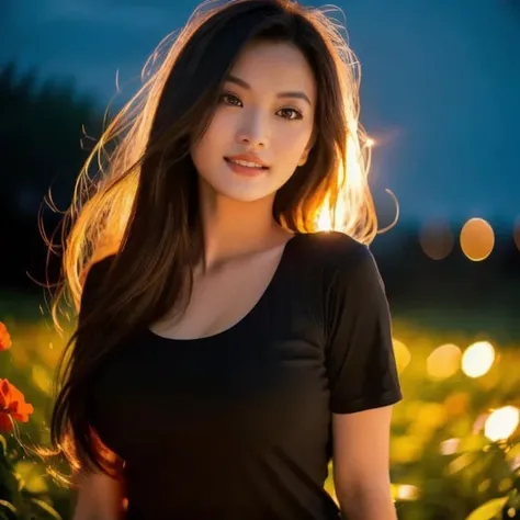 The woman wore a tight black t-shirt with a cropped waist., ponytail, in the flower field, Girl forehead in a field of flowers, girl, Photo of a beautiful woman, beautiful asian girl, woman ยืนin the flower field, ยืนin the flower field, attractive woman, ...