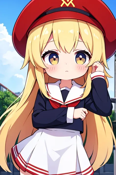 Soviet {loli}, fur hat, blonde long hair, sailor uniform