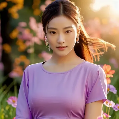 The woman wore a tight black t-shirt with a cropped waist., ponytail, in the flower field, Girl forehead in a field of flowers, girl, Photo of a beautiful woman, beautiful asian girl, woman ยืนin the flower field, ยืนin the flower field, attractive woman, ...