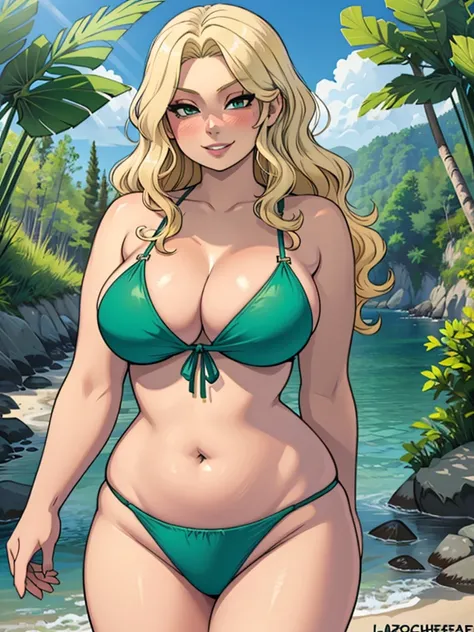 high_aesthetic,art by Lazorchef, ((Masterpiece, best quality, perfect lighting, amazing shading)), perfect anatomy, field of depth, extremely beautiful, long blonde hair, wavy hair, green bikini, cute smile, (curvy), (cleavage), blushing, beach background,...