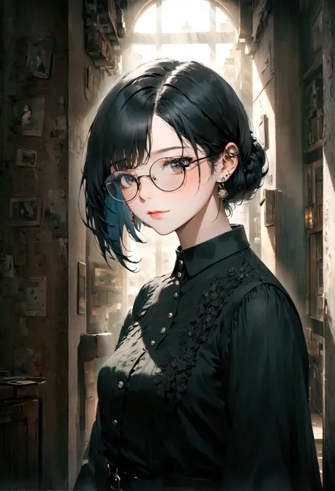 a captivating portrait of a young woman with striking black hair, stylish glasses, and delicate stud earrings, exuding a vintage...