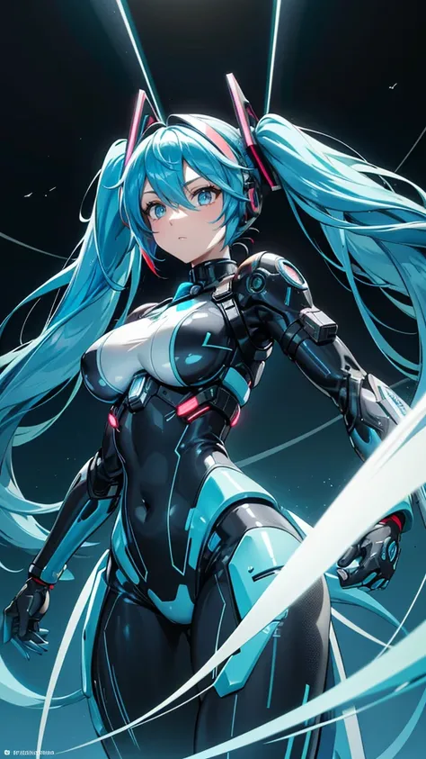 (Highest quality)), (masterpiece), Hatsune Miku VOCALOID, (Twin tails), Light Blue Hair, Water-colored Pupils, Cyberpunk, Ultimate Physical Beauty, Big Ass, (Big Breasts), ((Body suits)), 12-Legged Girl Has electronic visor fitted to her face, red latex bo...