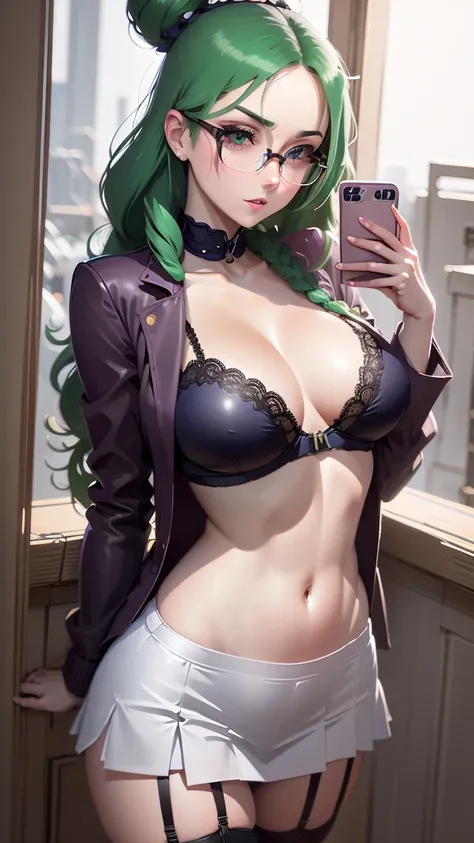 selfie, bra, looking at viewer, huge_breasts, portrait, smug, blush,JOLYNEJOJO, long braided hair, hair buns, green and blue hair, Jolyne Kujoh,b1mb0,skirt suit, garter straps, glasses, underwear, panties, lace-trimmed bra