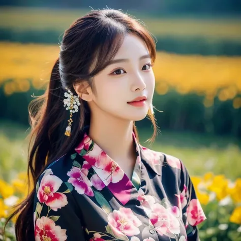 Woman, ponytail, long, flowing hair, Hair floats up, hair floats up , Long hair wearing a black shirt poses in a field of flowers, beautiful south beautiful asian girl, Thai anime, 3 D, 8k, Shot with a high quality Fuji camera, quality 45.,000,000 pixels, ...