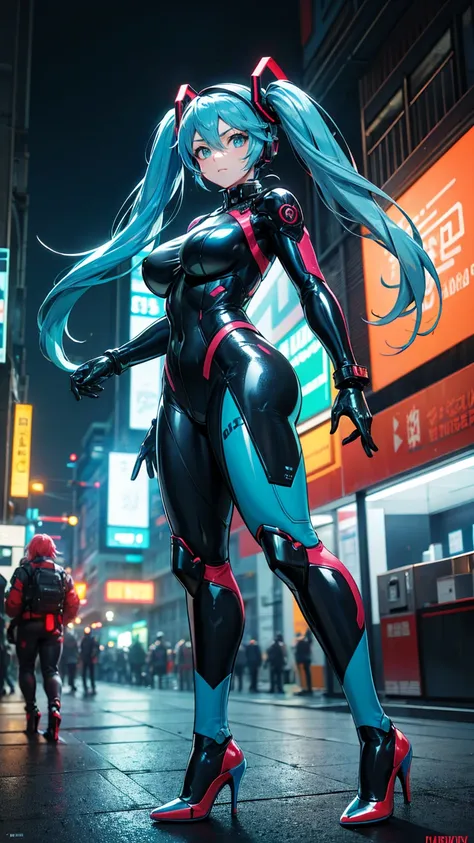 (Highest quality)), (masterpiece), Hatsune Miku VOCALOID, (Twin tails), Light Blue Hair, Water-colored Pupils, Cyberpunk, Ultimate Physical Beauty, Big Ass, (Big Breasts), ((Body suits)), ((high heels)), 12-Legged Girl Has electronic visor fitted to her fa...