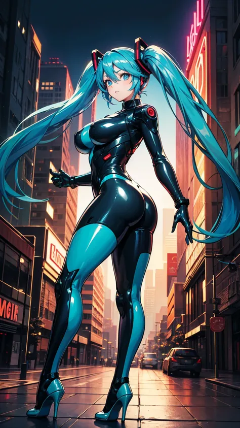 (Highest quality)), (masterpiece), Hatsune Miku VOCALOID, (Twin tails), Light Blue Hair, Water-colored Pupils, Cyberpunk, Ultimate Physical Beauty, Big Ass, (Big Breasts), ((Body suits)), ((high heels)), 12-Legged Girl Has electronic visor fitted to her fa...