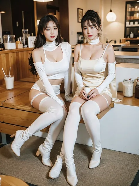 wearing a milk tea-colored sexy tights with a milk tea-colored cape, her hands are put on milk tea-colored long gloves, and her ...