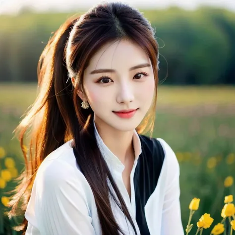 Woman, ponytail, long, flowing hair, Hair floats up, hair floats up , Long hair wearing a black shirt poses in a field of flowers, beautiful south beautiful asian girl, Thai anime, 3 D, 8k, Shot with a high quality Fuji camera, quality 45.,000,000 pixels, ...