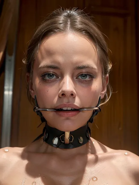 margot robbie, (bdsm, bondage, drool dripping, drool dangling) cleavage, 8k, realistic, slave, medium breasts, choker, sexy bra,...