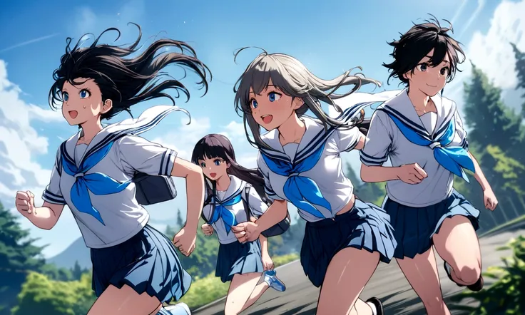 Vast blue sky,Very detailed, delicate and dynamic,A big smile,Super quality, 16k,Student bag,Black Hair,A high school girl runs through the blue sky,白いcloud,running,Sailor suit,uniform,youth,,Blue sky,cloud, Wind-effect, background,Sideways dash,Sweat,Side...