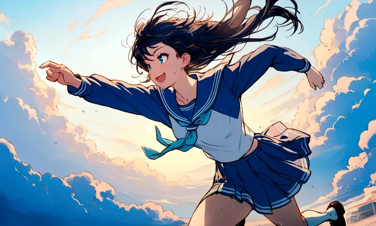 Vast blue sky,Very detailed, delicate and dynamic,A big smile,Super quality, 16k,Student bag,Black Hair,A high school girl runs through the blue sky,白いcloud,running,Sailor suit,uniform,youth,,Blue sky,cloud, Wind-effect, background,Sideways dash,Sweat,Side...