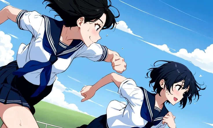 Vast blue sky,Very detailed, delicate and dynamic,A big smile,Super quality, 16k,Student bag,Black Hair,A high school girl runs through the blue sky,白いcloud,running,Sailor suit,uniform,youth,,Blue sky,cloud, Wind-effect, background,Sideways dash,Sweat,Side...